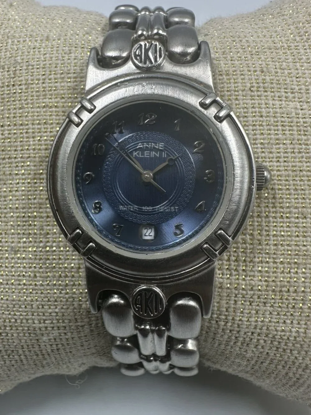 3/$30 Anne Klein Watch Silver Tone Blue Dial Date Window New Battery 6.75